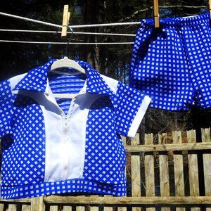 VTG 70's Toddler Boys Royal Blue Short Set 18-24M Bowling Shirt Look Polyester